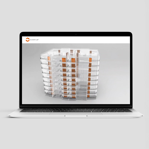 A laptop displaying Overtur™ software with a 3D building model, illustrating how the platform helps teams design and manage door security solutions.