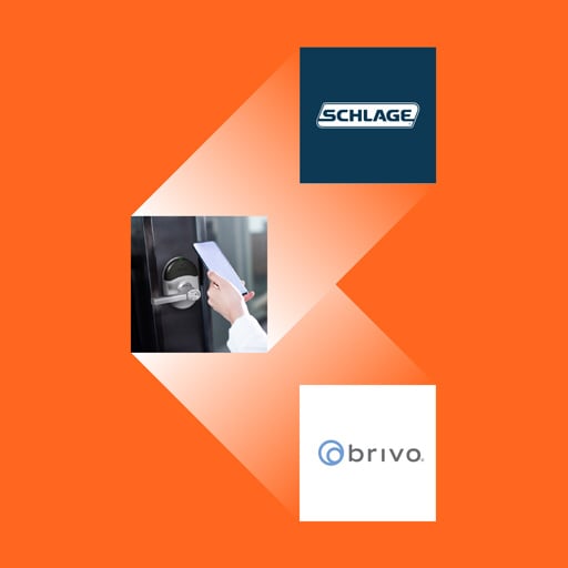 An infographic featuring Schlage and Brivo logos, along with an image of a person using a keycard to unlock a Schlage smart lock, representing interoperability with industry partners and access control technology.